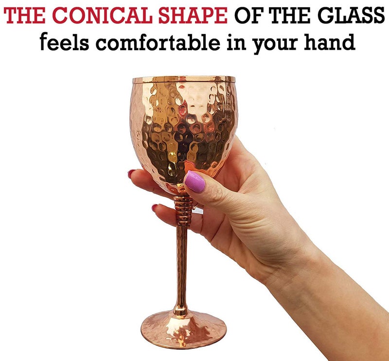 Mosscoff Copper wine glasses set of 2 â€“ 11oz gleaming 100% solid hammered copper wine cups on brass copper plated stems â€“ a gift for men and women â€“ great glasses for red or white wine and Moscow mules - Image 2